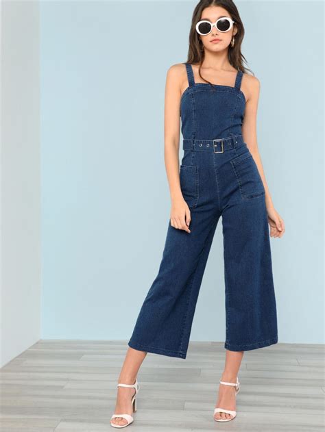 Shop Denim Belted Wide Leg Jumpsuit With Dual Pockets Blue Online