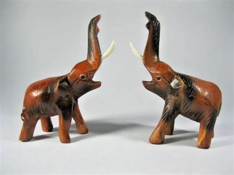Pair Wooden Elephant Trunk Up Sculpture Hand Wood Carved Home Decor Collection 27 95 Picclick