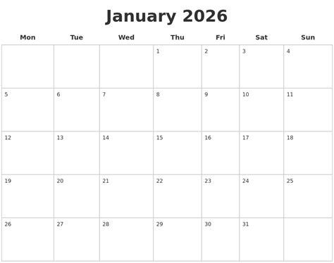 January 2026 Blank Calendar Pages