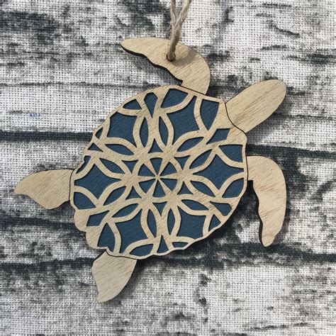 Wooden Sea Turtle Ornament With Engraved Shell Natural Or Etsy