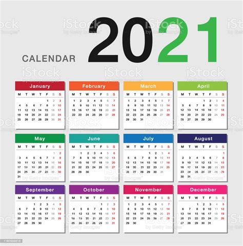 Ilustración De Colorido Año 2021 Calendario Horizontal Plantilla De