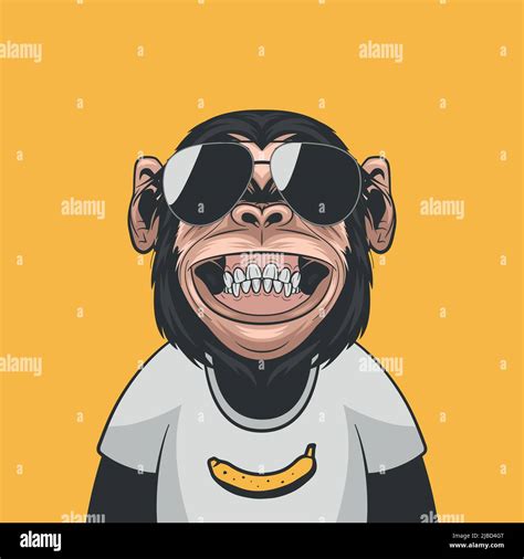 Vector Funny Smiling Chimpanzee Ape With Sunglasses And Banana On His T