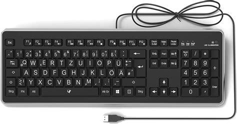 Lacerto® German Keyboard Qwertz With Large Letters White Led