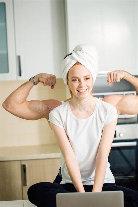 Man Showing Strength Of Woman By Biceps Behind Her Stock Image Image