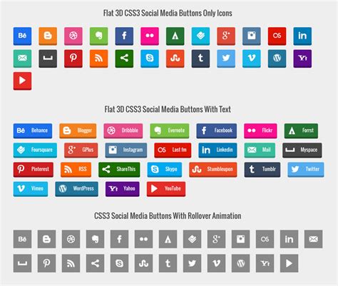 Freebie Css3 Social Media Button Set Flat 3d Text And With Rollover