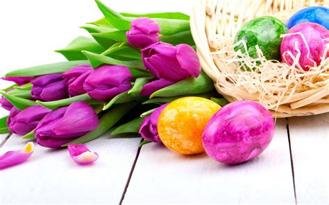 Hapy Easter Tulips Purple Flowers Spring Holiday Easter Eggs Wallpaper