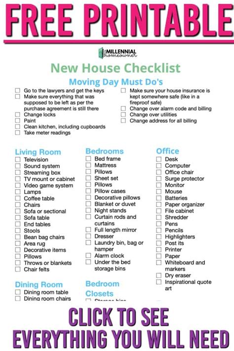 The Free Printable New House Checklist For Every Room In Your Home Is Shown