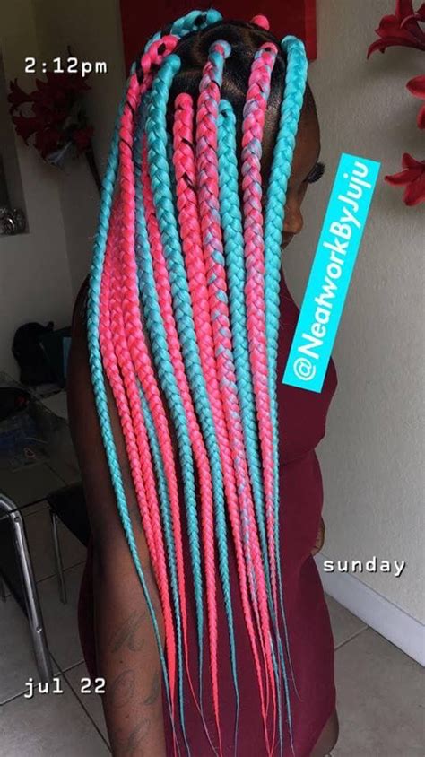 Flip the remaining hair up, and tuck it into the band created by your braids and twists. #pinkandblueboxbraids #boxbraids #cottoncandyboxbraids | Box braids hairstyles, Colored braids ...
