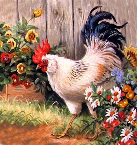 Hen And Flowers Rooster Art Farm Art Rooster Painting
