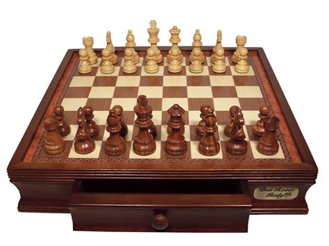 Chess Set Weighted Wooden Pieces On Timber Inlaid Board With Drawer