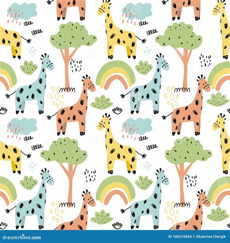 Bright Childish Seamless Pattern With Animals Stock Vector