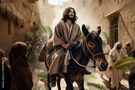 Biblical Account Of Jesus Christ Riding A Donkey While Many People