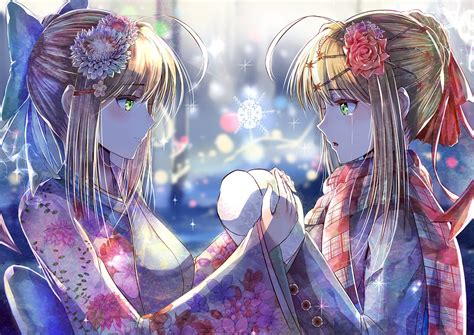 Blonde Hair Blush Bow Crying Fate Stay Night Green Eyes Headdress Japanese Clothes