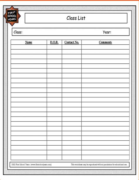 Class Roster Template Free Printable

