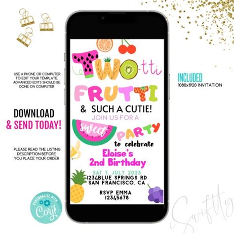 Editable Twotti Frutti 2nd Birthday Invitation With A Photo Etsy