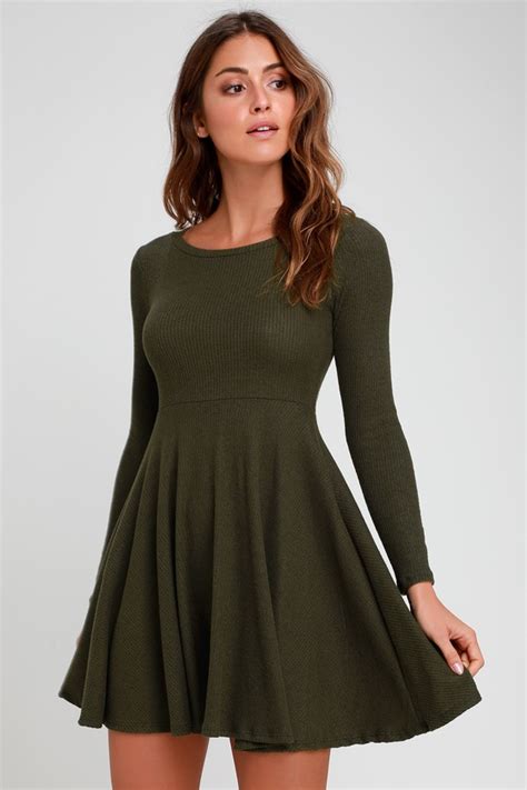 Cute Olive Dress Long Sleeve Skater Dress Ribbed Knit Dress Lulus