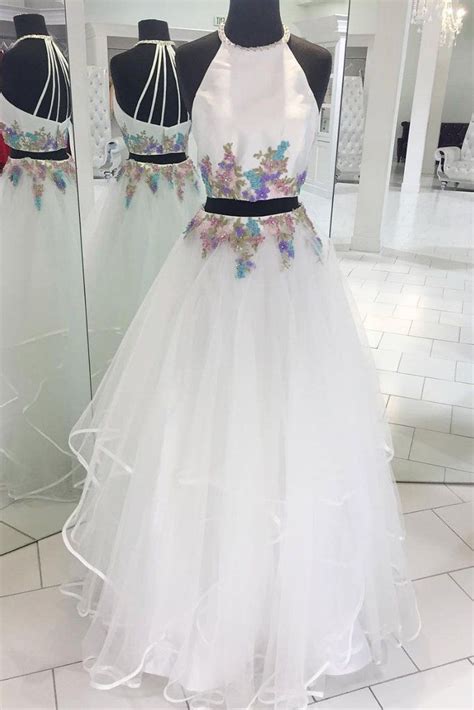 White Two Pieces Lace Applique Tulle Long Prom Dress White Evening