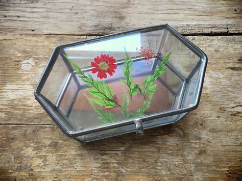 Vintage Pressed Flower Glass Trinket Box And Butterfly Window