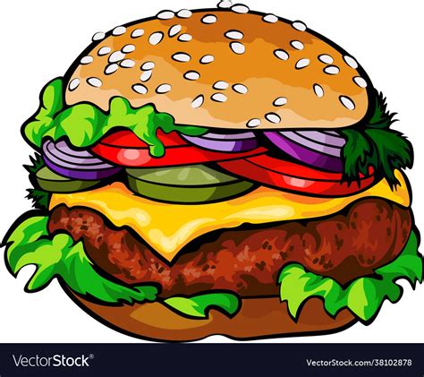 Cartoon Tasty Big Hamburger With Cheese And Sesame