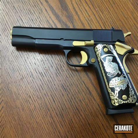 1911 Pistol Cerakoted Using Graphite Black And Gold Cerakote