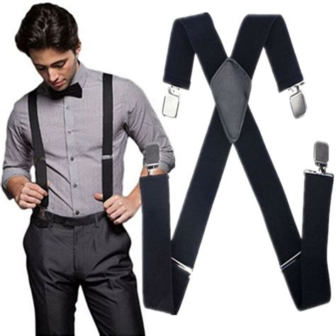 New Black Suspenders Adjustable X Back Leather Clip On Ssbco Uncle