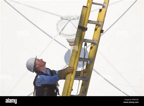 Cable Lineman Climbing A Ladder In Front Of A Satellite Dish Stock