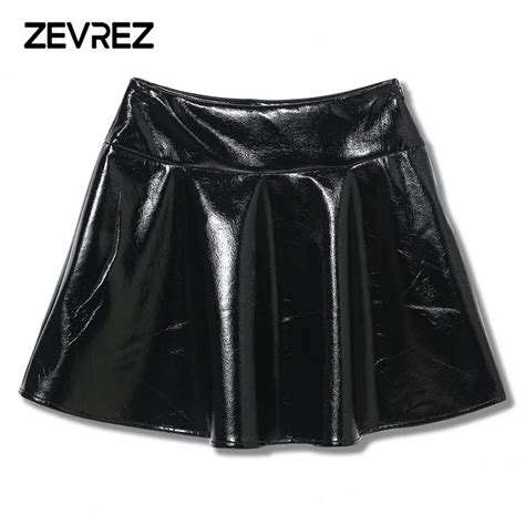Women Autumn Winter Patent Leather Flared Skirts Black Mini Artificial Leather Korean Short Sexy