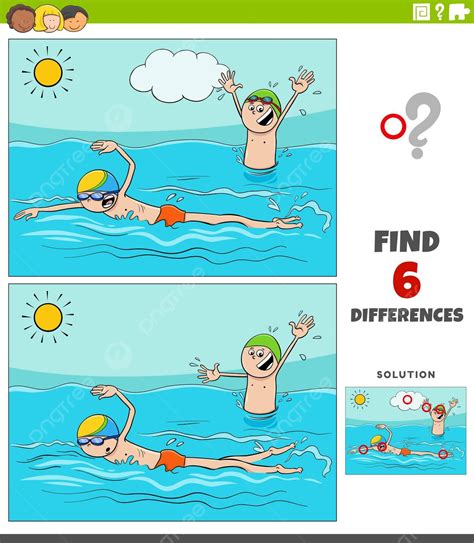 Differences Educational Game With Cartoon Swimming Boys Six Cartoon