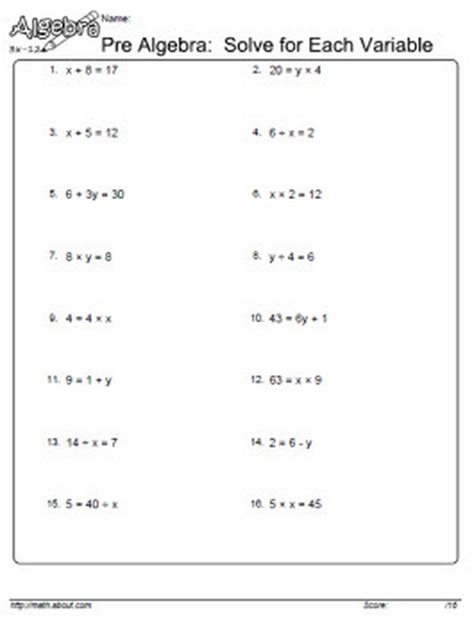 These 10 worksheets involve solving the variables. Pre Algebra Worksheets | Algebra worksheets, Basic algebra ...