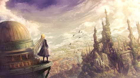 Download 2500x1400 Anime Fantasy World Landscape Girl Back View