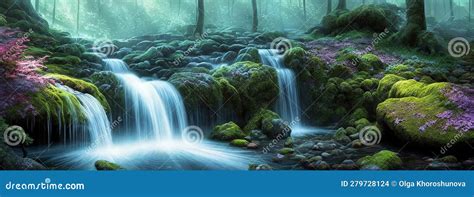 Fantasy Landscape With Waterfalls Panorama Generative Ai Stock