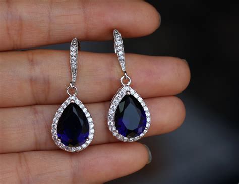 Dark Sapphire Blue Earring Cz Sapphire Earring Drop Etsy