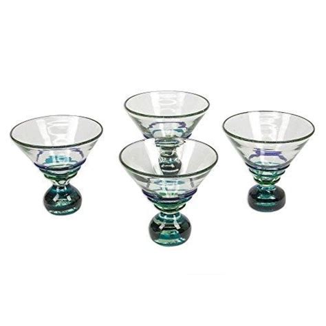 Novica Hand Blown Clear Blue Recycled Glass Martini Glasses 10 Oz Three Ribbons Set Of 4
