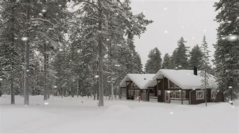 Beautiful Traditional Snow Covered Log Cabin Surrounded By A Forest Of