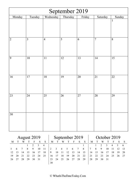 September 2019 Editable Calendar Vertical Layout Whatisthedatetodaycom