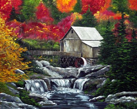 Art Print Original Acrylic Print Water Mill Stream Brook Fall