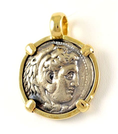 Alexander The Great Silver Tetradrachm Coin In 14k Gold Round Pendant