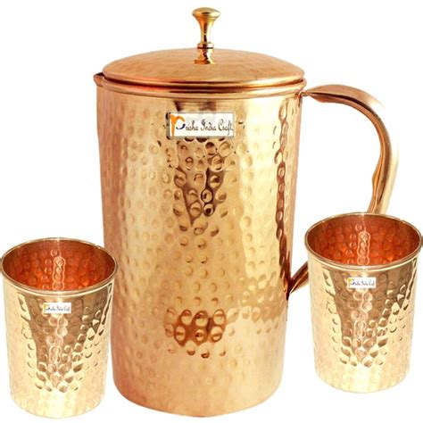 Prisha India Craft Copper Jug Pitcher Hammered Design Capacity 1600 Ml With Two Tumblers