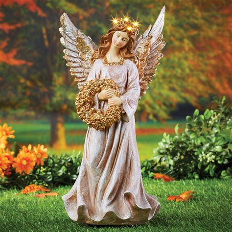Hand Painted Solar Powered Angel With Wreath Statue Collections Etc
