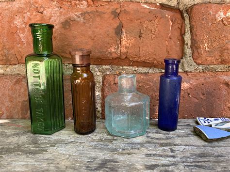 4 Vintage Antique Coloured Glass Bottles Small Gin Ink Hair Dye Medicine Chemist