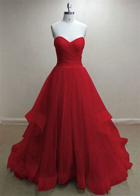 A Line Red Prom Dress Simple Sweetheart Red Tulle Evening Dress
