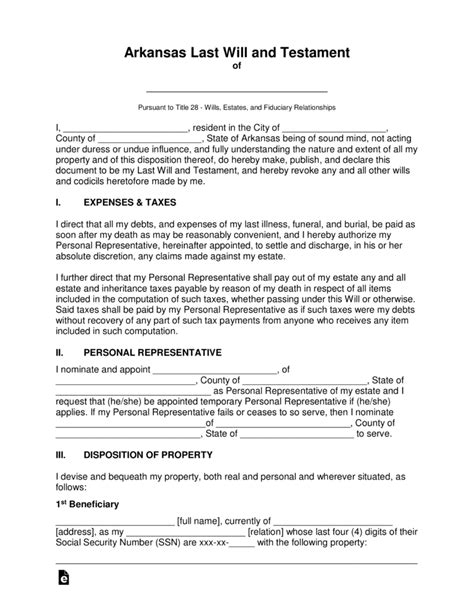 A 'last will and testament' is a legal instrument that you use to express your final wishes and desires more so with regards to the manner in which it is the witnesses who verify that the will was not only drafted by the grantor but also contains contents that are accurate, free, fair, and devoid of any errors. Free Arkansas Last Will and Testament Template - PDF | Word | eForms - Free Fillable Forms