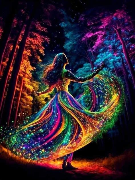 A Woman Is Dancing In The Woods At Night With Colorful Lights On Her