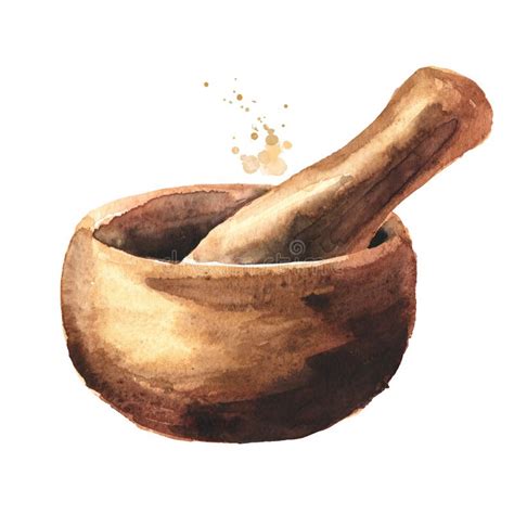 Wooden Mortar And Pestle Watercolor Hand Drawn Illustration Isolated