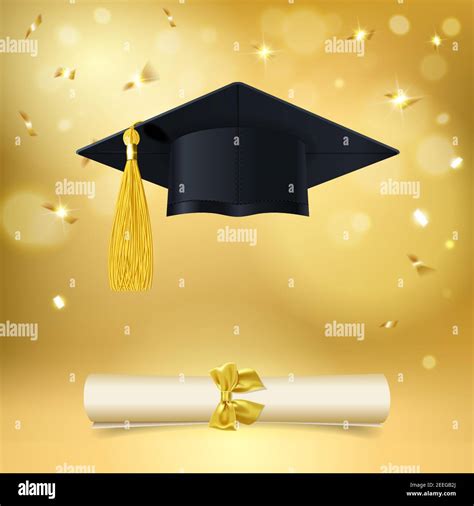 Graduate Cap And Diploma With Falling Golden Confetti On Gold