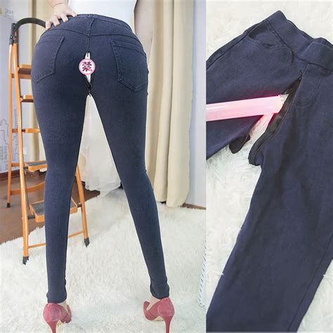 women s outdoor sex pants clothes leggings open crotch double zipper jeans skinny denim trousers