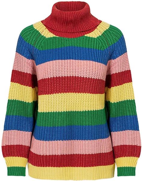 Missbloom Women Long Sleeve Rainbow Striped Turtleneck Knitted Sweater