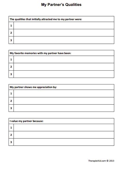 My Partners Qualities Worksheet Therapist Aid Couples Therapy