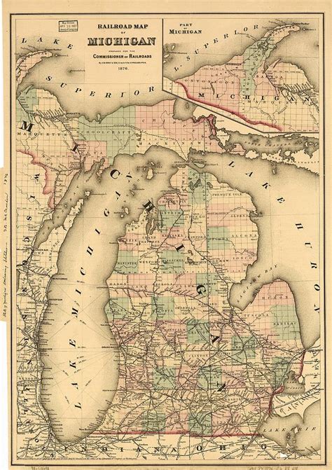 Vintage Map Of The Michigan Railroads 1876 Drawing By