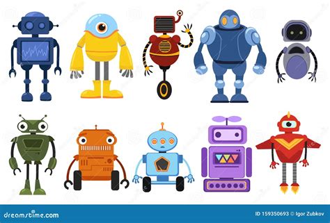 Set Of Cartoon Robots Collection Of Cute Retro Robots Vector